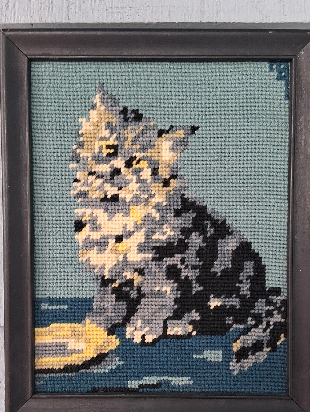 Cat Needlepoint Wall Art in Teal and Gray - Decorative Pet Art